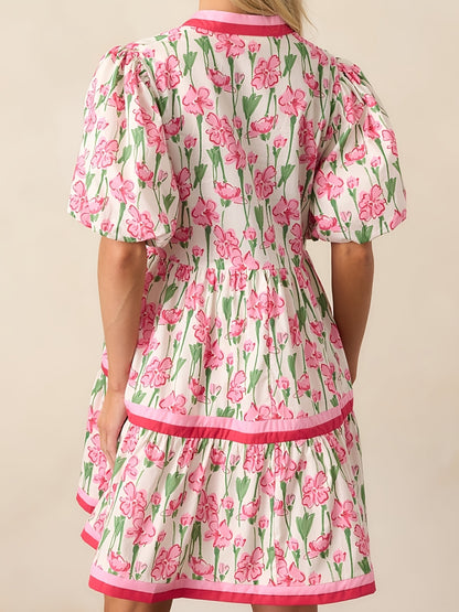 Women'S Summer Floral Mini Dress, Puff Sleeve Short Sleeve V-Neck Loose Bohemian Style Beach Dress, Floral Print