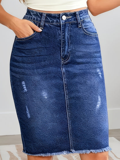 Women's Stretch Slim Fit Denim Skirt with Distressed Hem and Frayed Design, Mid-Waist, Elegant and Comfortable, Classic Hole Design
