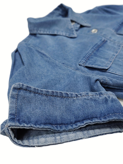 Women'S Casual Denim Midi Dress - Short Sleeve, Button-Up Shirt Style with Pockets, Flattering A-Line Cut, Light Blue Blend Fabric, Perfect for Spring And Fall