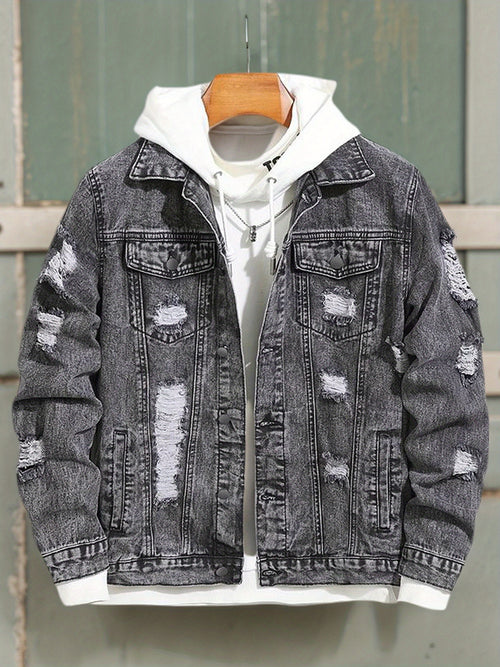 Men's Casual Street Style, with Ripped Details, Comfortable and Versatile, Suitable Casual Wear Trendy with Ripped Design, Made of Durable Snowflake Fabric
