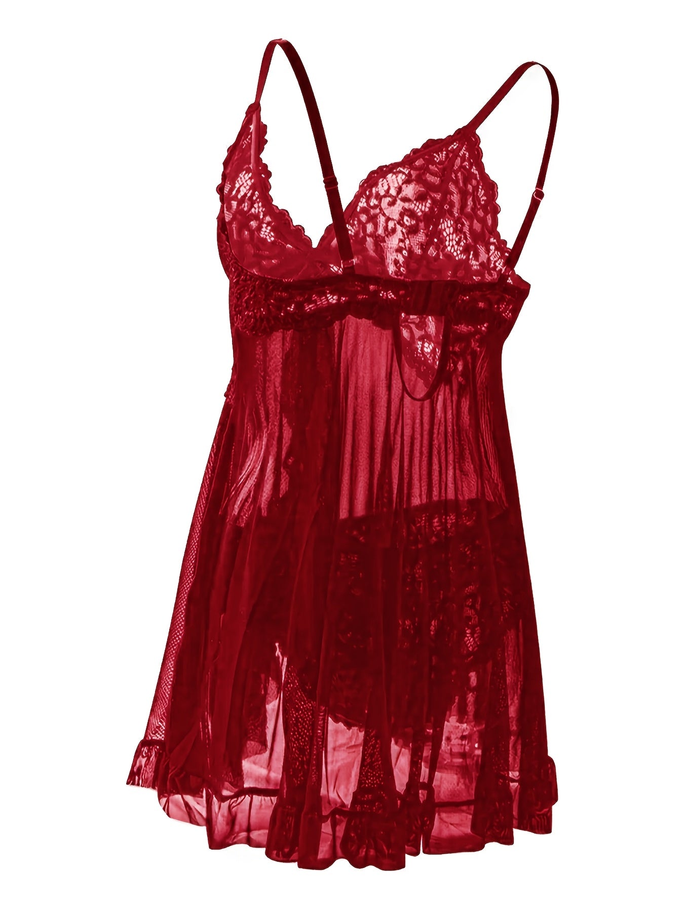 Big Size Sultry Valentine Lace Sleepwear Dress Set - Exquisite Lace, Flattering V-Neckline, Daring Backless Design, Delicate Ruffle Trim, Trendy Split Hem, Seductive Thong Detail, Ultra-Comfortable Fabric, Perfect For Romantic Night, Anniversary Gift