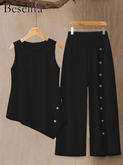 Spring and Summer Women's Casual Fashion Elegant Solid Color Round Neck Sleeveless Top Shirt and Pants 2pcs Set, for Outings and Vacations