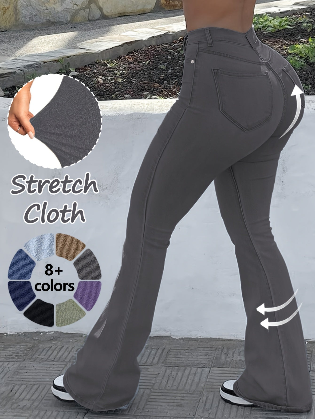 GILIPUR MH1025 Light Blue Retro High-Waist Stretch Straight Leg Women's Pants, Street Style Solid Color Long Pants with Pockets, All-Season Comfortable Stretch Fabric, Machine Washable