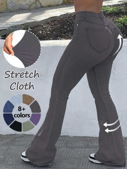 GILIPUR MH1025 Light Blue Retro High-Waist Stretch Straight Leg Women's Pants, Street Style Solid Color Long Pants with Pockets, All-Season Comfortable Stretch Fabric, Machine Washable