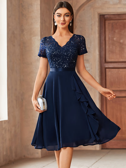 24224 Elegant Womens Sequin Lace Chiffon A Line Bridesmaid Dress, V Neck Short Sleeves, Ruched Ruffle Hem, Perfect for Graduation Season, Wedding Season, Summer Wedding Guest, Evening Party, Cruise Party And Birthday Celebration