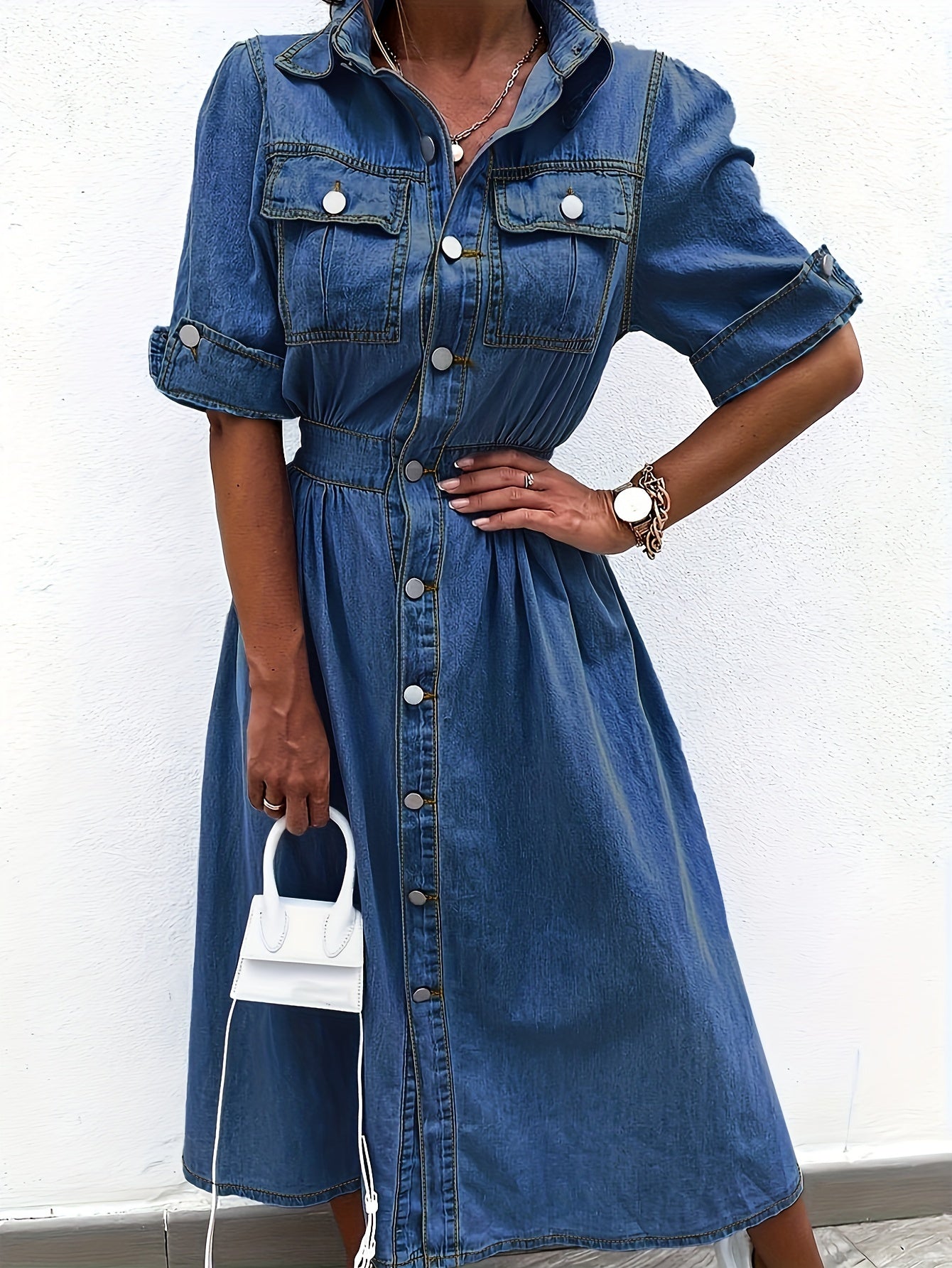 [Denim Shirt Dress] Women's Denim Shirt Dress with Collar, Short Sleeved Waist, A-Line Jeans, And Pocket Dress