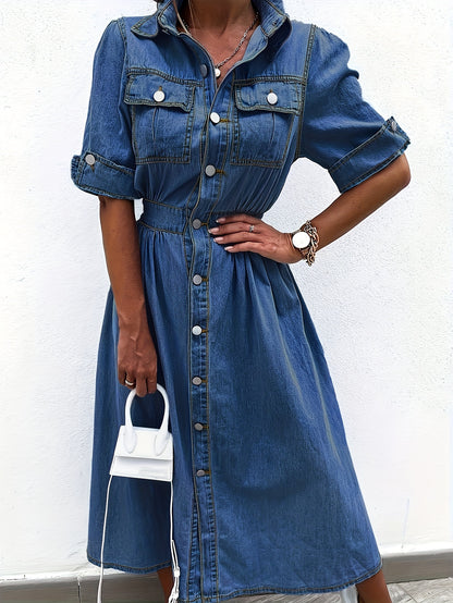 [Denim Shirt Dress] Women's Denim Shirt Dress with Collar, Short Sleeved Waist, A-Line Jeans, And Pocket Dress