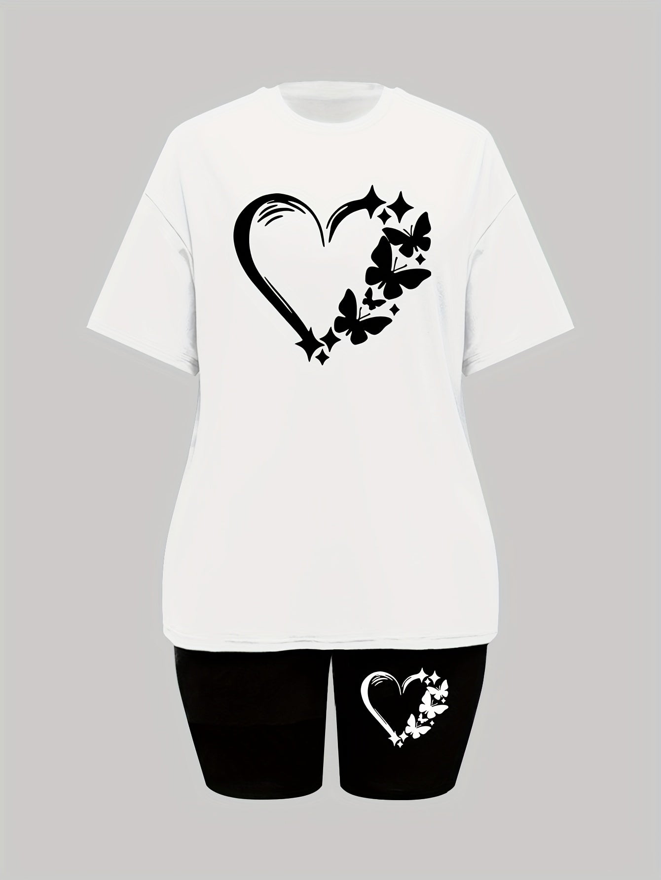 0314Gwen, a Casual Women'S Clothing Set Featuring a Heart Design, Includes a Short-Sleeved T-Shirt with a Round Neck And Fitted Shorts