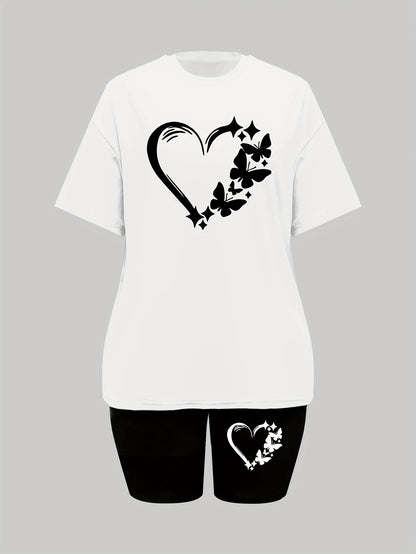 0314Gwen, a Casual Women'S Clothing Set Featuring a Heart Design, Includes a Short-Sleeved T-Shirt with a Round Neck And Fitted Shorts