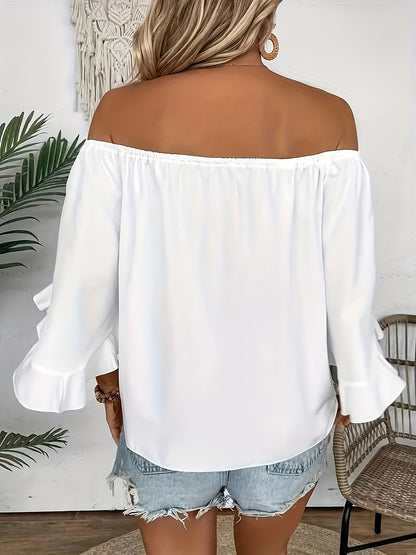 Women's Sexy Off-Shoulder Ruffle Trim Blouse - Lightweight 180gsm Polyester Three-Quarter Sleeve Top with Knot Hem, Machine Washable Casual Chic Shirt for Spring Summer Fall