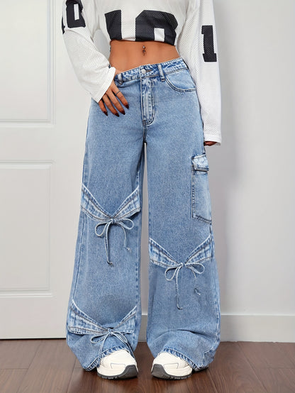 Women'S Plus Size Denim Clothing Curved Bow Side Pocket Straight Trousers