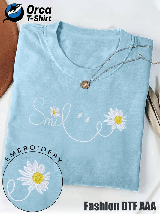 Local Delivery - Autumn Comfort Unisex T-Shirt, Smile Daisy Embroidery Print Short Sleeve T-Shirt, Thanksgiving and Christmas Gift, Holiday Celebration Apparel, Machine Washable, Women's Short Sleeve, Men's Short Sleeve, Fun and Comfortable Style