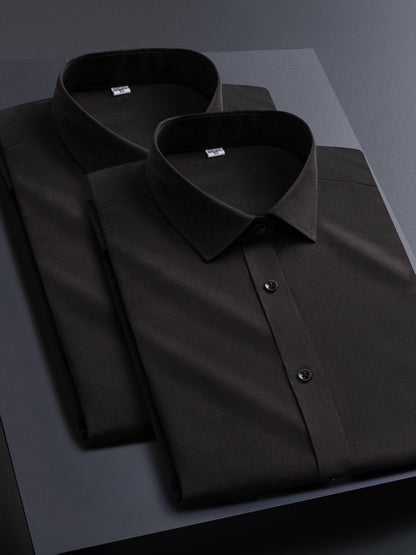 2pcs Men's Long Sleeve Dress Shirts - Elegant White, Stretchy Fabric, Business Casual, Unwrinkled, Single-Breasted with Lapel Collar, All-Season Wear, Casual Attire|Elegant Lapel Shirt|Stretchy Fabric