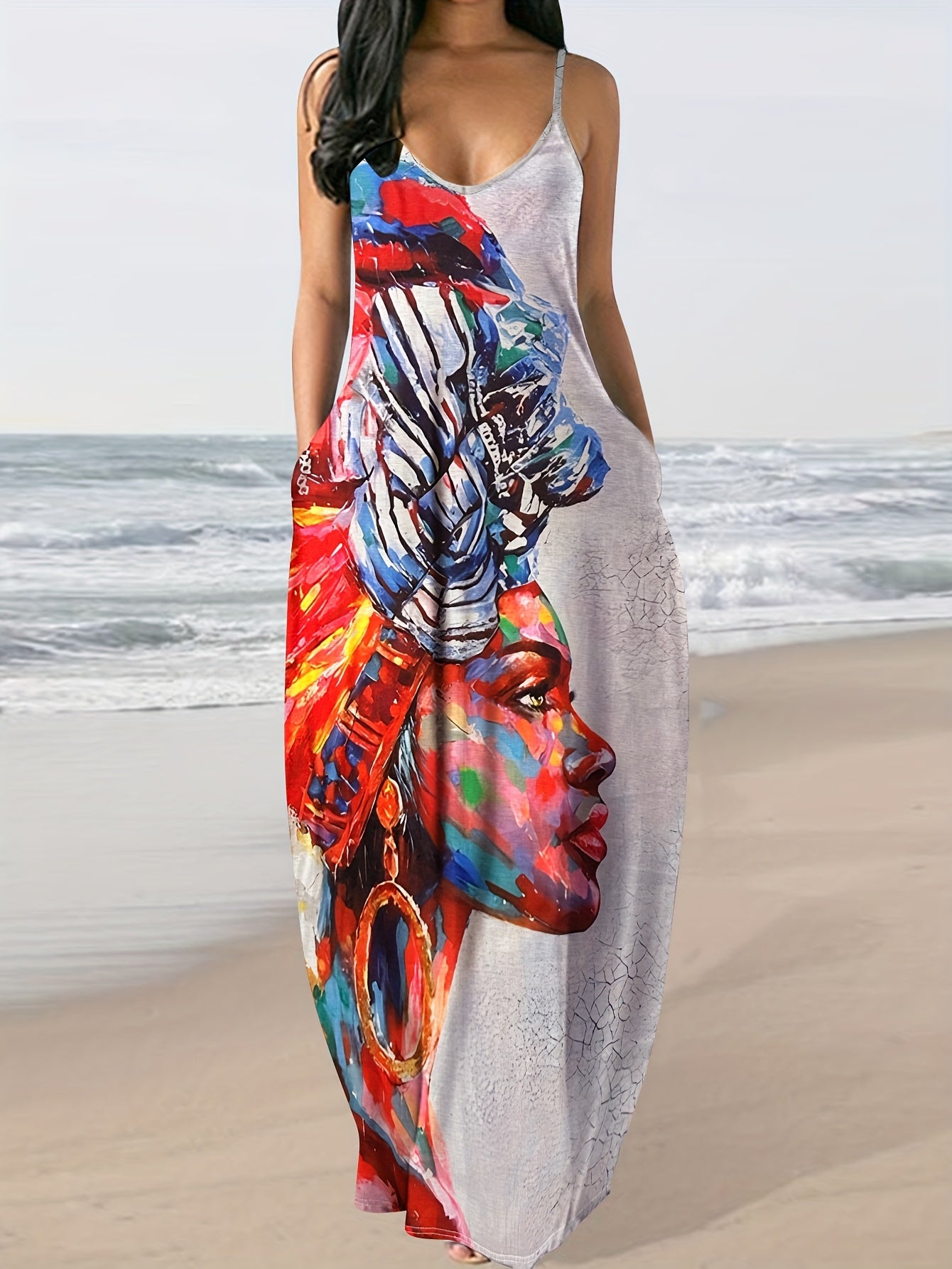 Women'S Long Dress Featuring a Portrait Print, Designed in a New European And American Style with Straps for Summer