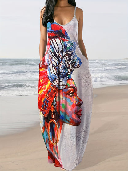 Women'S Long Dress Featuring a Portrait Print, Designed in a New European And American Style with Straps for Summer
