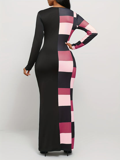 Geo Print Long Sleeve Split Dress, Casual Notch Neck Dress for Spring & Fall, Women's Clothing