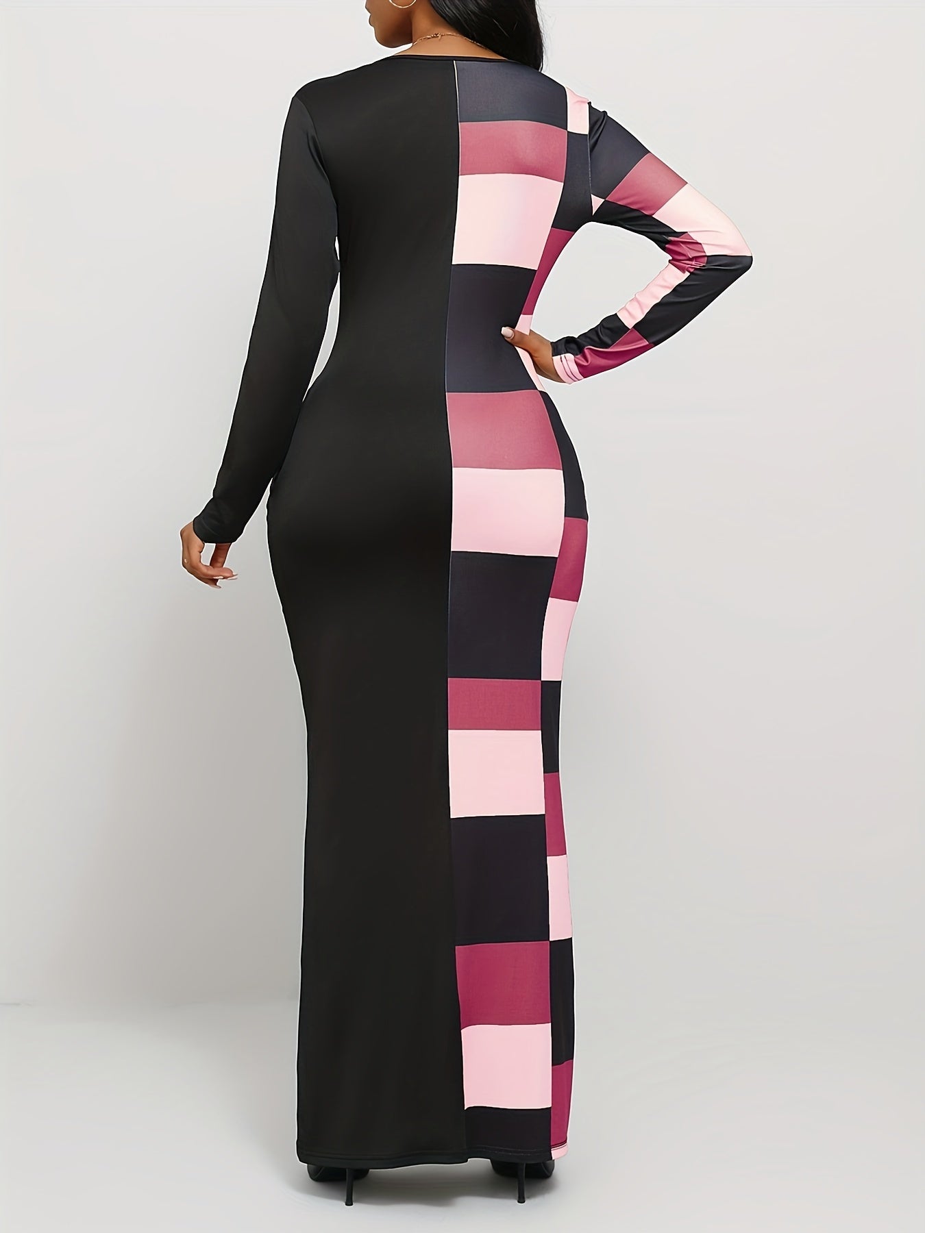 Geo Print Long Sleeve Split Dress, Casual Notch Neck Dress for Spring & Fall, Women's Clothing