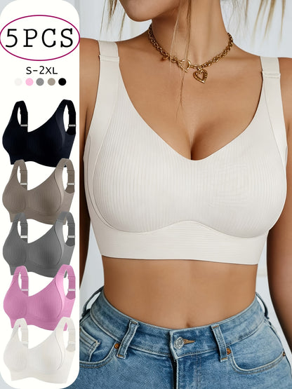 5pcs Ribbed Wireless Bra - High Elastic, Breathable & Strong Support | Comfortable No-Squeeze for Daily Wear, Yoga & Gym Workouts