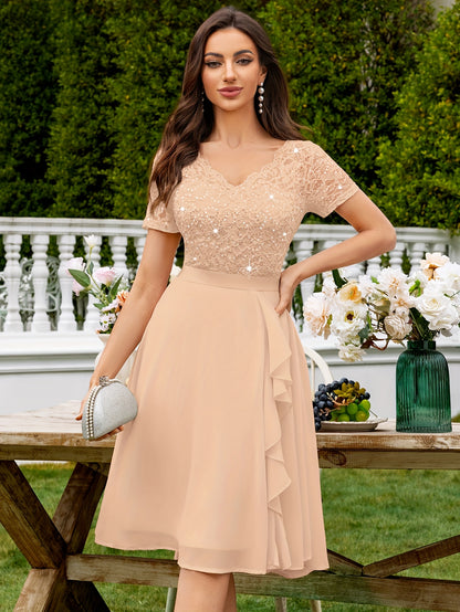 24224 Elegant Womens Sequin Lace Chiffon A Line Bridesmaid Dress, V Neck Short Sleeves, Ruched Ruffle Hem, Perfect for Graduation Season, Wedding Season, Summer Wedding Guest, Evening Party, Cruise Party And Birthday Celebration