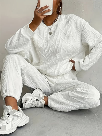 Women's Casual Pullover Two-piece Set, Suitable for Spring And Autumn, Consisting Of A Textured Long-sleeved Top And Jogging Pants