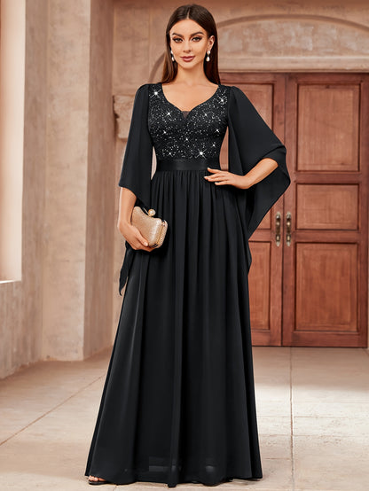 53303 Elegant Women's Lace & Sequin Bridesmaid Dress - A-Line Maxi Wedding Gown with 3/4 Bell Sleeves, V-Neck Color-Block (Bodice &), Machine Washable Bridesmaids Gown for Weddings, Parties, Prom