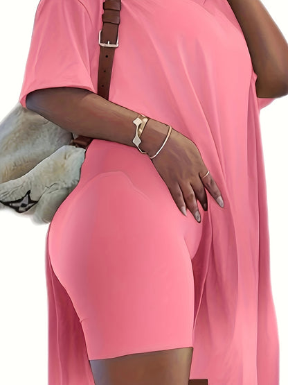 Two-Piece Outfit for Plus-Size Women Featuring a Casual V-Neck Short-Sleeve Top with Side Slits And Drawstring Leggings, Made from Comfortable, Ideal for Everyday Wear