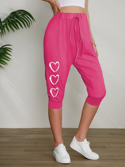 3pcs Women's Plus Size Capri Pants with Heart Print, Minimalist Casual Fit, Very Comfortable Loungewear
