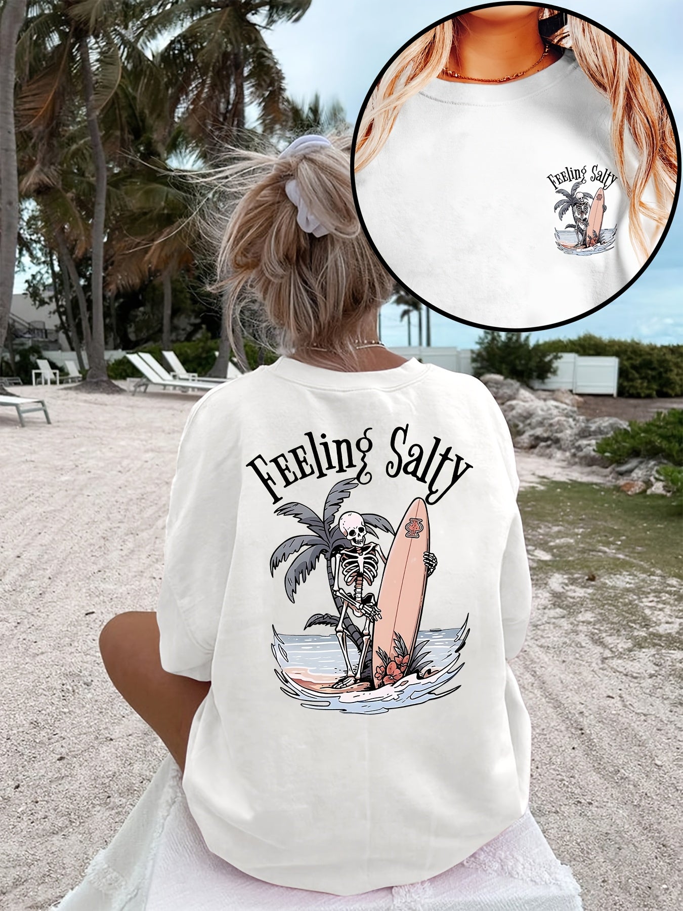 Plus Size - Women'S Large-Size Casual Loose Round-Neck Short-Sleeve T-Shirt - "FEELING SALTY" Surf Skull Pattern Print, High-Elasticity Machine Washable Summer Beach Top, Beach Vacation Attire, Women'S Plus Size T-Shirt