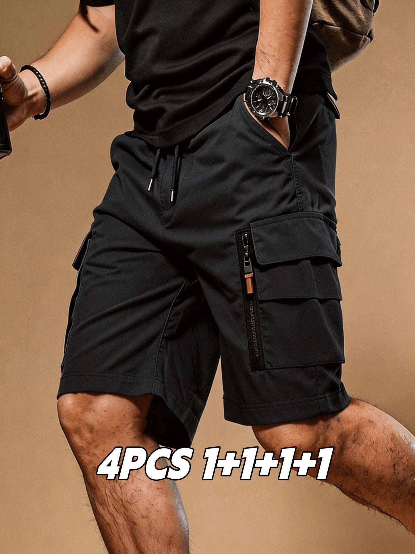 4 pc Men Summer Cargo Shorts Elastic Drawstring Multi Zipper Pockets Lightweight Quick Dry Athletic Shorts Casual Workout Hiking Running Outdoor Sweat Shorts Ideal Gift for Men Guys