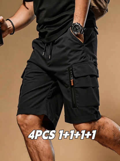 4 pc Men Summer Cargo Shorts Elastic Drawstring Multi Zipper Pockets Lightweight Quick Dry Athletic Shorts Casual Workout Hiking Running Outdoor Sweat Shorts Ideal Gift for Men Guys