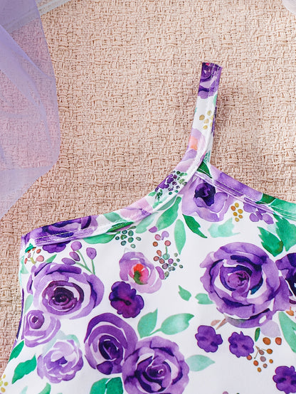 3pcs Girls' Summer Dress Strap Skirt Set | Purple Floral Print, Solid Color Style, and Heart Wave Dot Pattern - Casual Knitted Fabric, Midi Length, Sleeveless