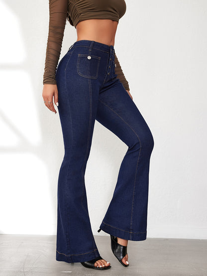 [Stretchy Denim Bell Bottom] High Waisted Wide Leg Stretchy Denim Pants - Women's Flare Bell Bottom Jeans