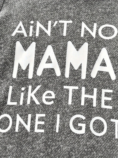 KuKitty Baby Boy 2pcs Hooded Bodysuit & Pants Set - Striped Letter Print "Ain't No Mama Like The One I Got" & "Little for Man Mama" Outfit, Soft Warm Winter Clothes, Machine Washable Boywear (Gray/White), Perfect for Outdoor