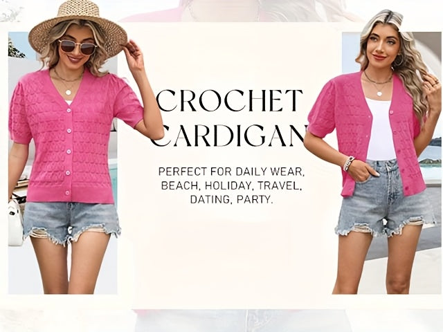 Lightweight Crocheted Short Cardigan for Women Featuring Puff Sleeves; a Breathable, Comfy, And Versatile Top Ideal for Spring And Summer