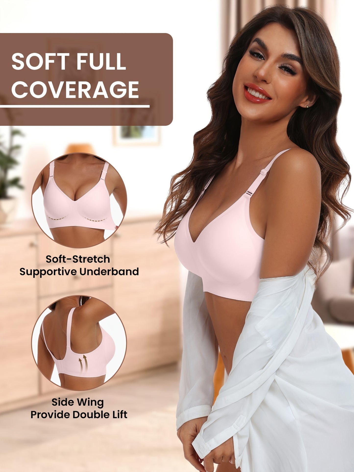Seamless Wireless Push-Up Bra-V Neck Design, Comfortable, Supportive Intimate Apparel for Women