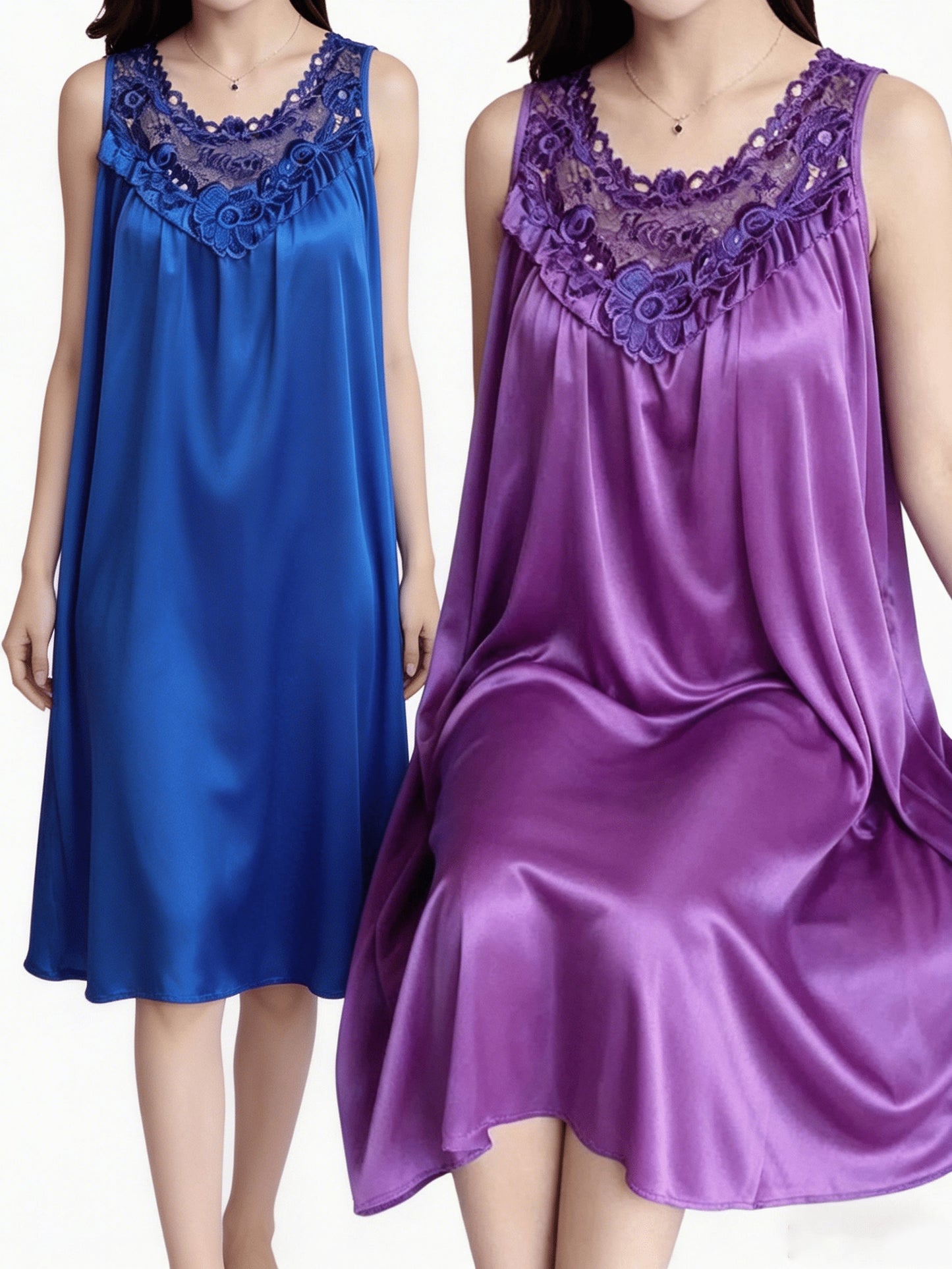 2pcs of Women'S Elegant Lace Pajamas - Smooth Satin Fabric, Purple And Blue, Sleeveless Round Neck Nightgown, Exquisite Floral Lace Details, Light And Comfortable in Summer