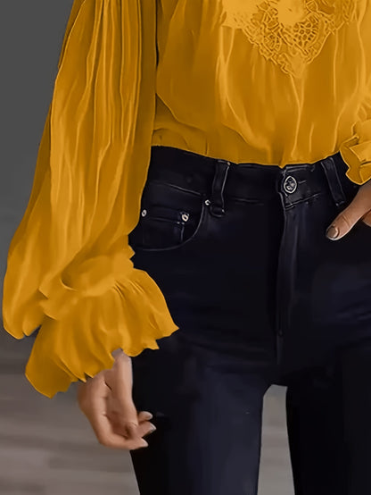 Plus Size, Spring and Summer Women's Bubble Sleeve Lace Splicing Shirt, Comfortable Fabric, Machine Washable