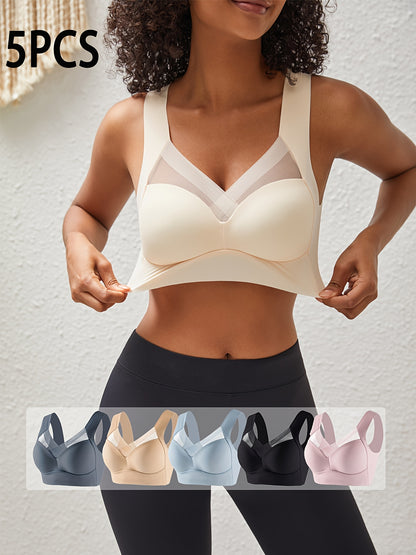 5pcs New Seamless Wireless Full Coverage Women'S Bras, Mature Solid Color, High Support, Comfortable And Breathable Back, Fabric with Mesh Details, Non Removable Pads - Perfect for Spring Festival And Mother'S Day!