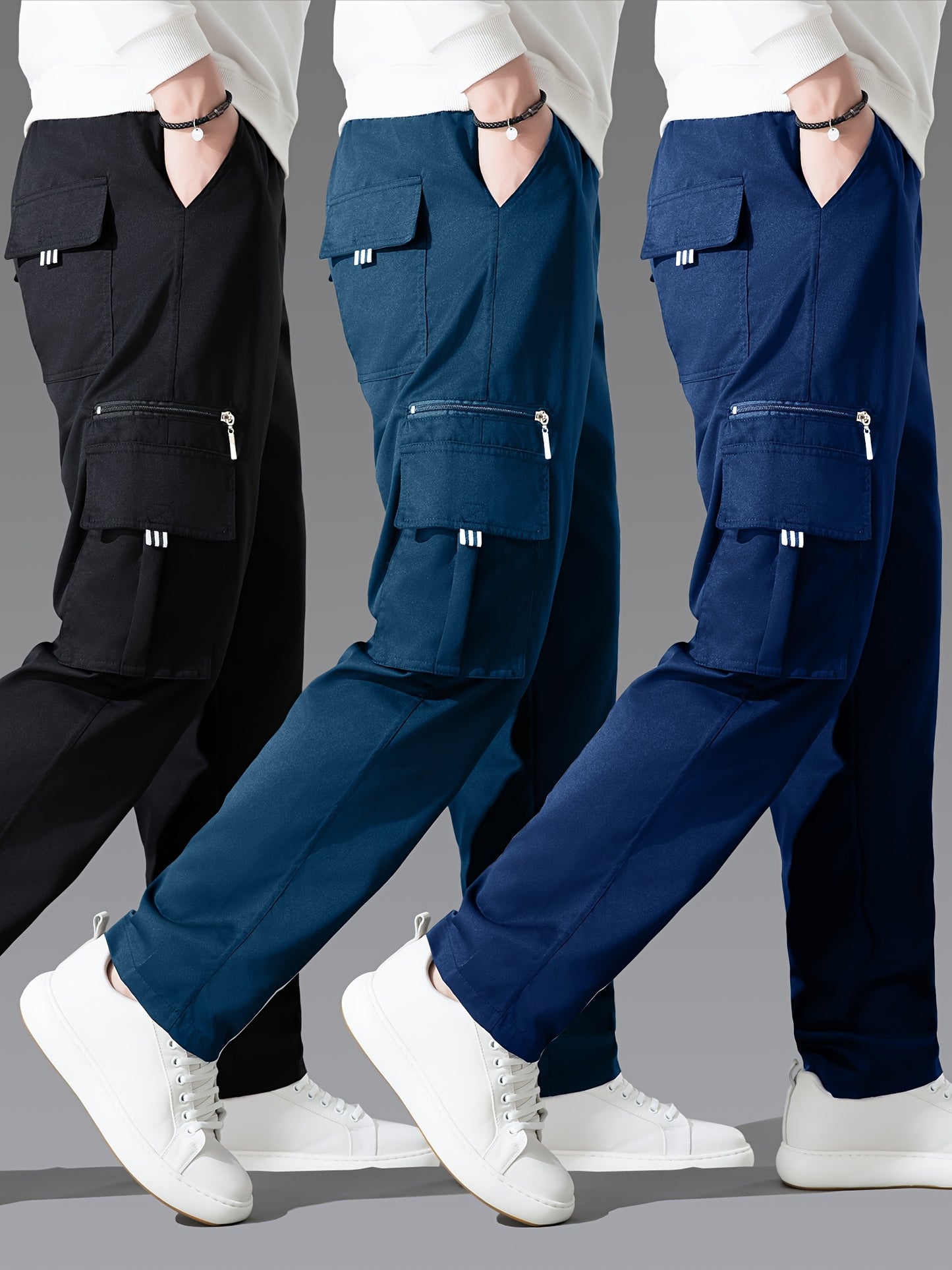 3pcs Men'S Casual Solid Color Cargo Pants, Polyester Non-Stretch Woven Fabric, Multiple Pockets, Regular Fit, Spring/Fall Season, Hiking & Outdoor Scene, Weekend Casual Occasion, Thick