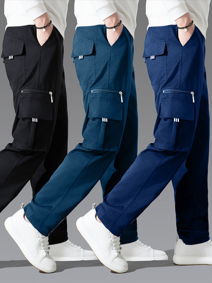 3pcs Men'S Casual Solid Color Cargo Pants, Polyester Non-Stretch Woven Fabric, Multiple Pockets, Regular Fit, Spring/Fall Season, Hiking & Outdoor Scene, Weekend Casual Occasion, Thick