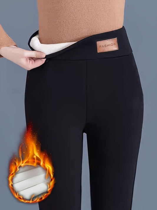 Women'S High-Waisted Leggings with Fleece - Chic Black, Made from a Stretchy Polyamide/Elastane Mix, Perfect for Winter, Machine Washable, Comfortable Attire | Fashionable High Waist | Snug Fit, Adorable Pants