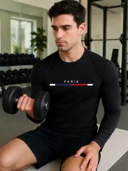 3-Pc Men'S Long Sleeve T-Shirts - Breathable Polyester - Paris Print Design, Regular Fit for Spring/Fall