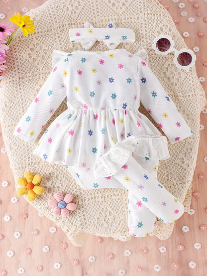 Adorable Floral Print Long-Sleeve Romper Set for Baby Girls with Lace Trim Socks & Headband - Polyester, Perfect for Spring/Fall, Perfect for Outdoor