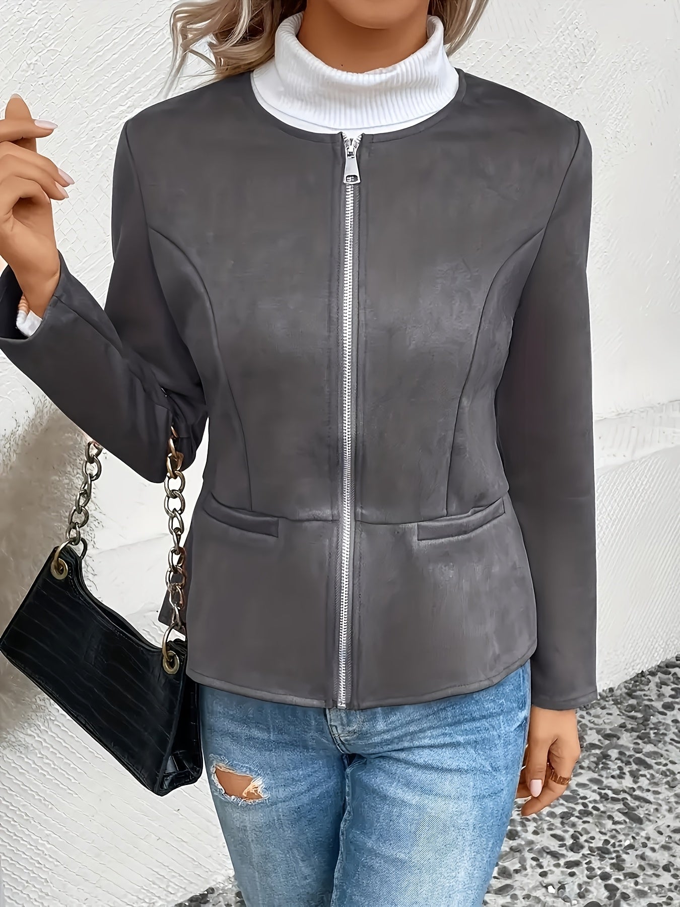 Today's Special! Women's Zip Up Casual Jacket - Slim Fit, Round Neck, Long Sleeve Coat, Trendy, Versatile for All Seasons, Multiple Colors (Black Friday Preview)
