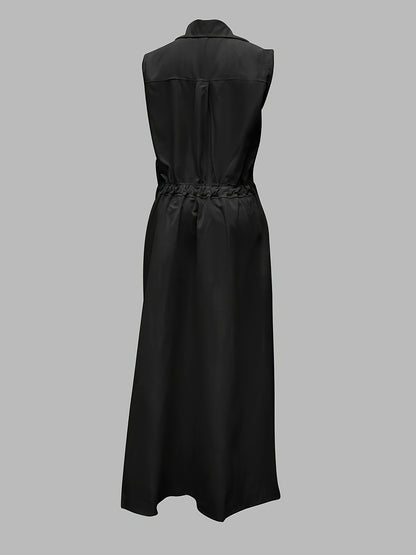 Sleeveless Solid Color Lapel Long Dresses Midi Dresses