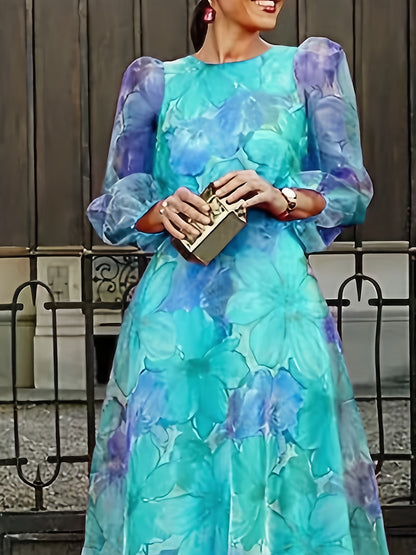 [Wedding Guest Party] Women's Floral Print Chiffon Maxi Dress - Elegant Ombre Gradient Long Sleeve Dress with Back Zipper, Wedding Guest Party Dress, Flowy Sunset Dress