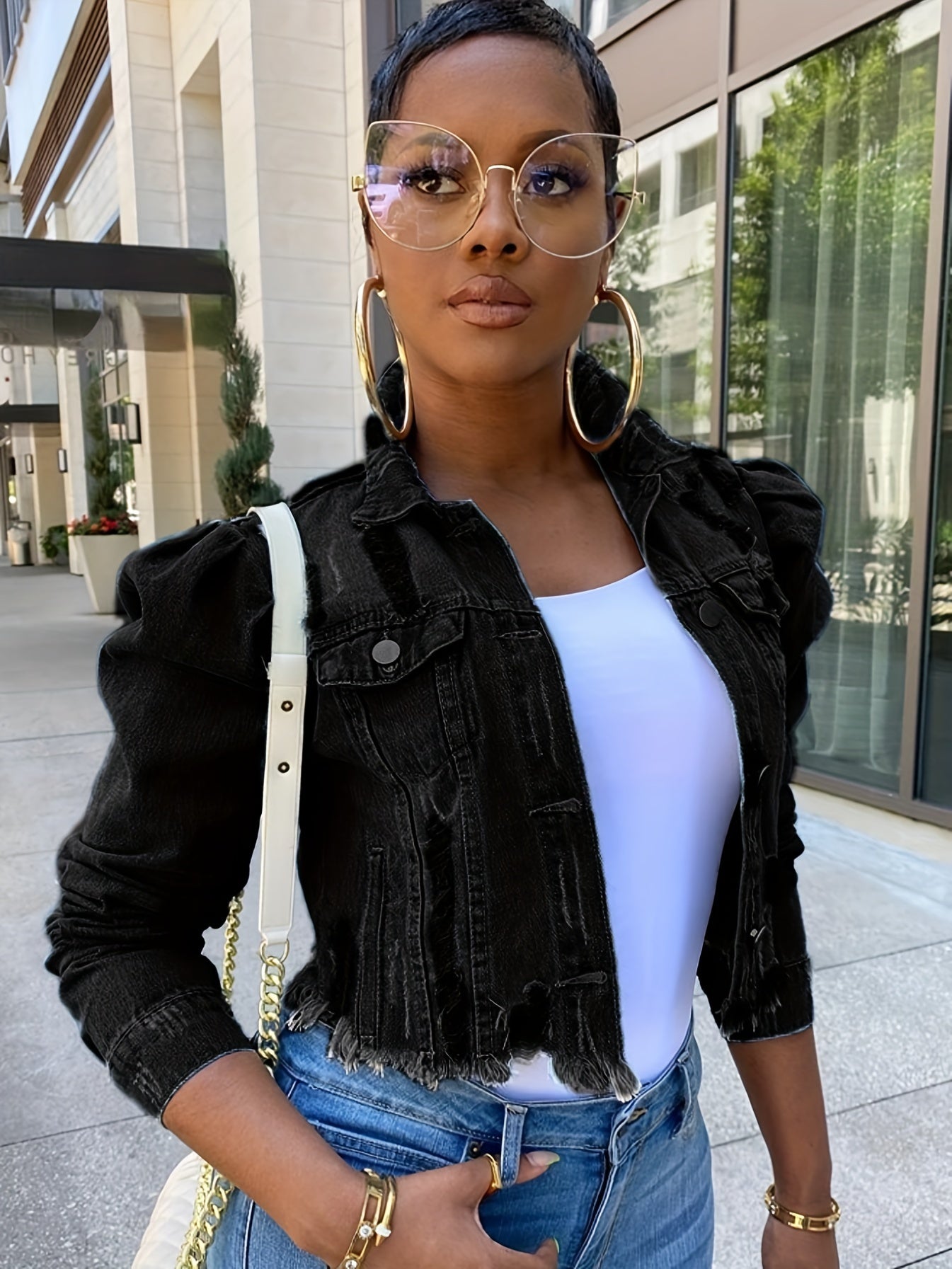 Women's Ripped Denim Jacket Casual Long Puff Sleeve Button Cropped Jean Coats for Women