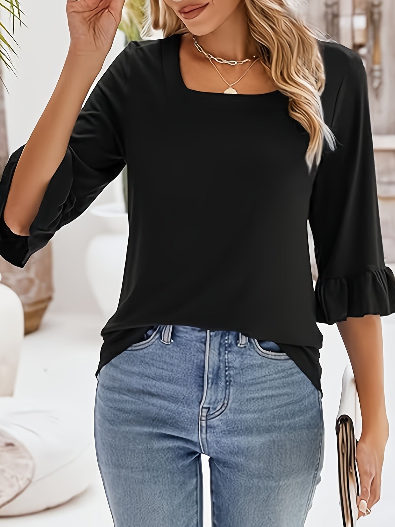 Women'S Casual Chic 3/4 Sleeve Square Neck Ruffle Hem T-Shirt - Soft Peach, Loose Fit, Machine Washable, Perfect for Casual Attire, Blouse with Elegant Ruffle Hem