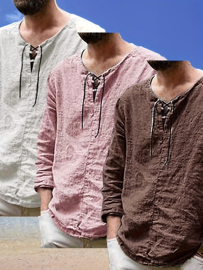 Men's Lace Detail Casual Shirt - V-Neck Long Sleeve