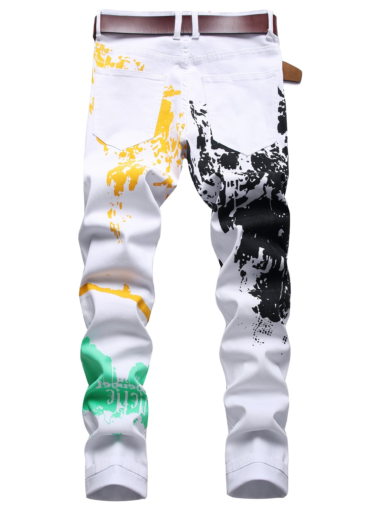 Casual White Denim Trousers for Men with Full-Body Prints; Slim-Fit Stretch Pants for Men with Designs